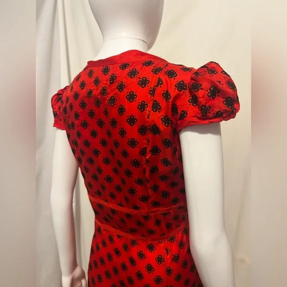 Rare Vintage Marc Jacobs Sz 6 100% Silk Red FloralPuff Sleeve Midi Dress Retro - Picture 7 of 9